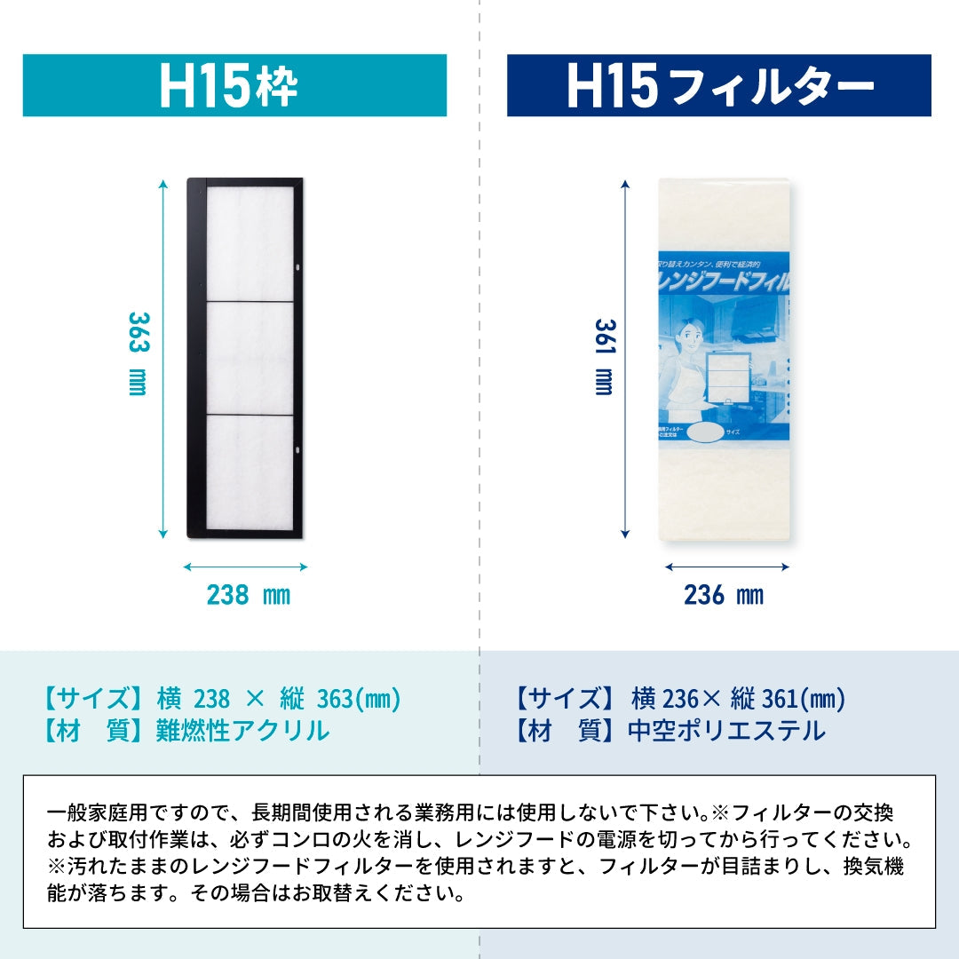 レンジフードフィルタースタートセット 交換用フィルター2枚付き 専用取付枠「H15」サイズ 大きさ:ヨコ238mm x タテ363mm