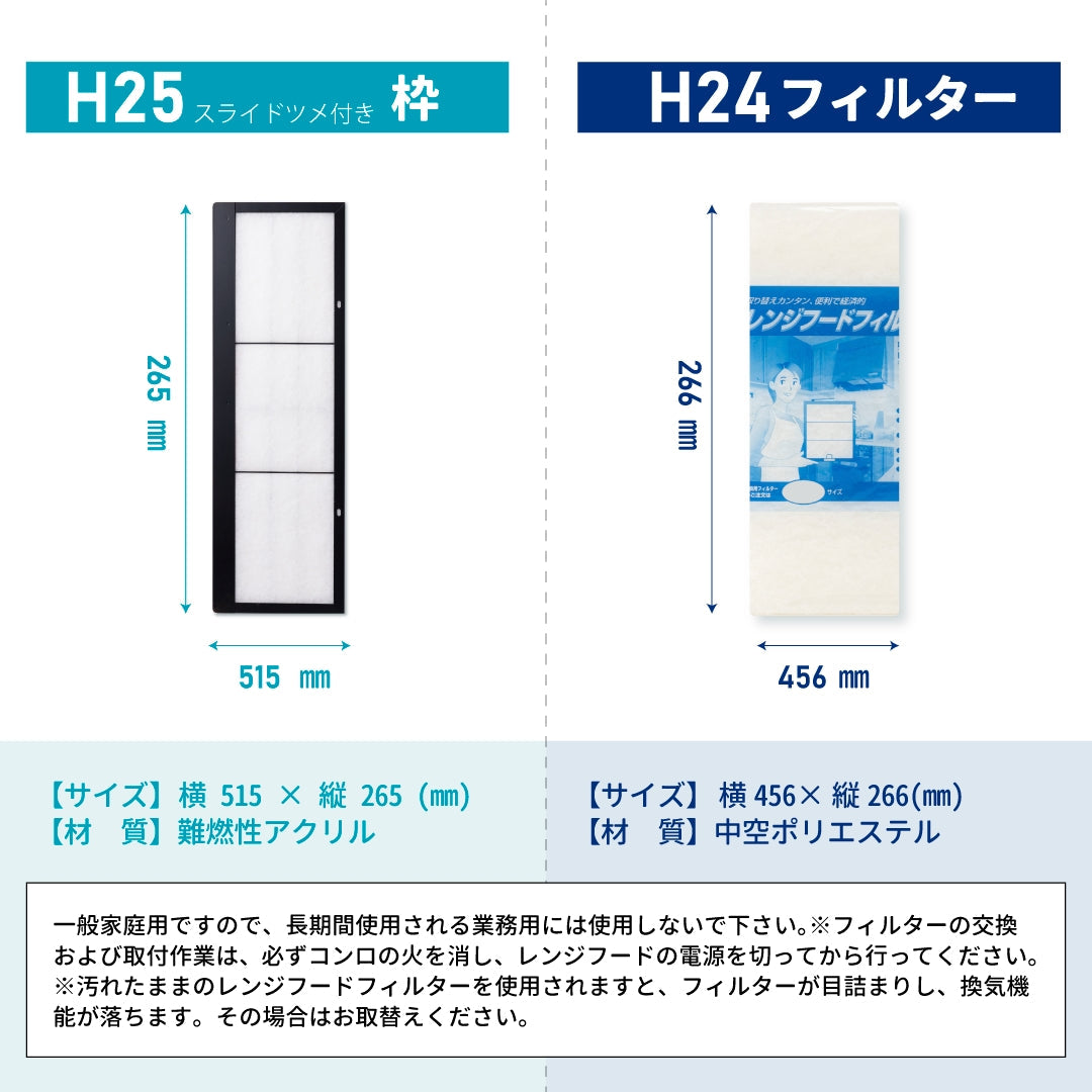 レンジフードフィルタースタートセット 交換用フィルター2枚付き 専用取付枠「H25スライドツメ付」サイズ 大きさ:ヨコ515mm x タテ265mm
