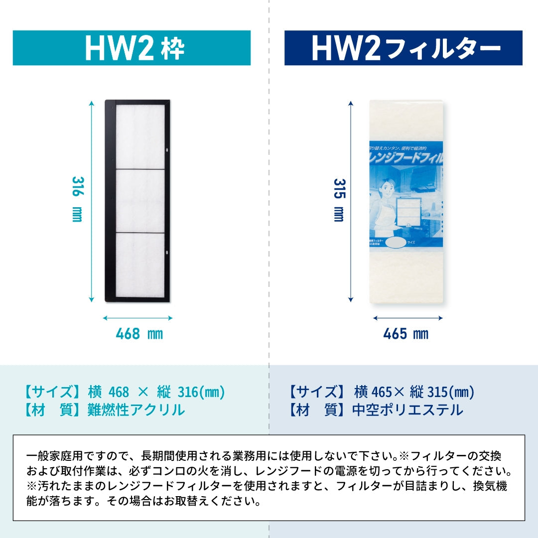 レンジフードフィルタースタートセット 交換用フィルター2枚付き 専用取付枠「HW2」サイズ 大きさ:ヨコ468mm x タテ316mm