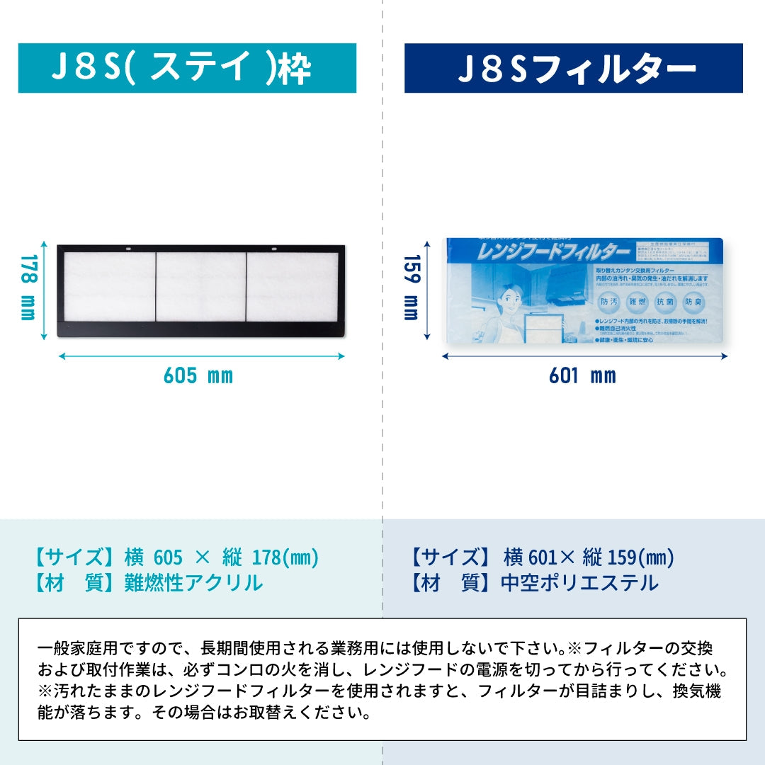 レンジフードフィルタースタートセット 交換用フィルター2枚付き 専用取付枠「J8S(ステイ)」サイズ 大きさ:ヨコ605mm x タテ178mm
