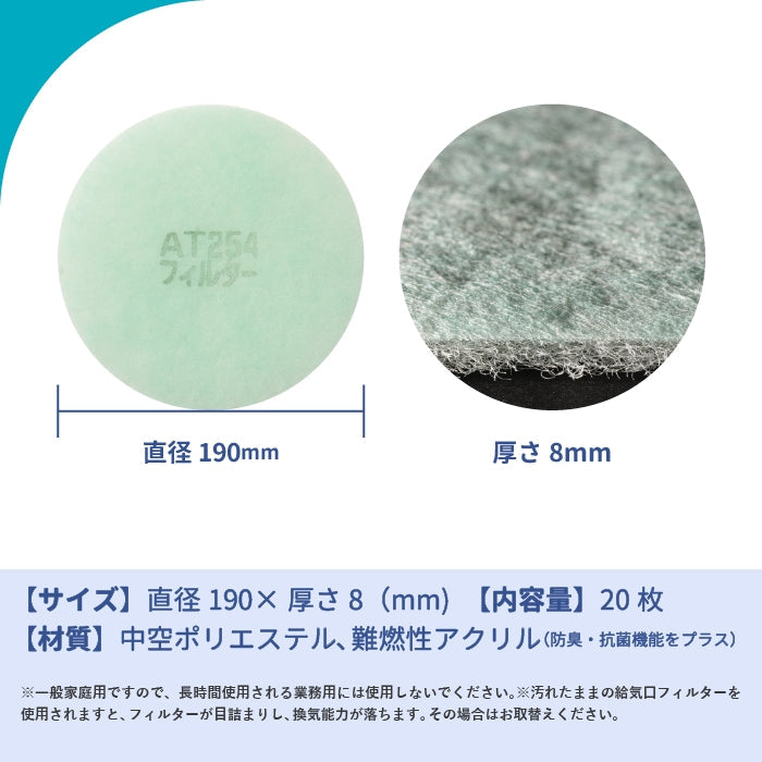 給気口グリル用【AT254】フィルター「QK15」サイズ 20枚入り 大きさ:Φ190mm 厚さ:8mm