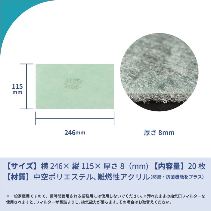 給気口グリル用【AT254】フィルター「QM22」サイズ 20枚入り 大きさ:ヨコ246mm x タテ115mm 厚さ:8mm ロスナイ用フィルター