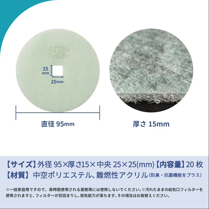 給気口グリル用【AT254】フィルター「QMA2」サイズ 20枚入り 大きさ:Φ95mm/□25mm 厚さ:15mm 内径□型穴あき