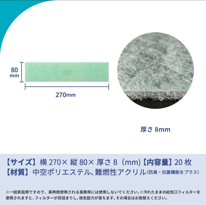 給気口グリル用【AT254】フィルター「QN10」サイズ 20枚入り 大きさ:ヨコ270mm x タテ80mm 厚さ:8mm 強制給排ファン用