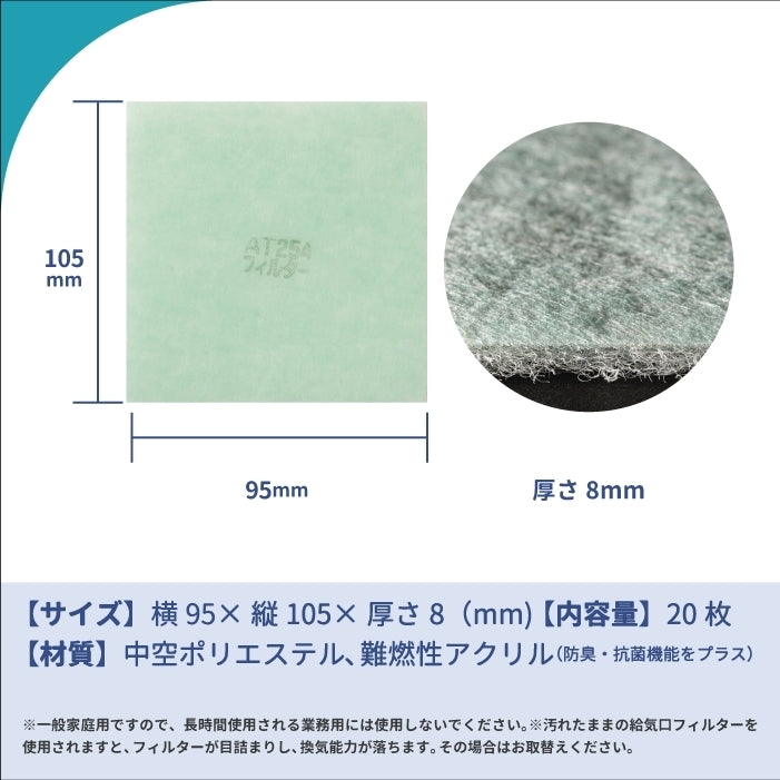 給気口グリル用【AT254】フィルター「QN6」サイズ 20枚入り 大きさ:ヨコ95mm x タテ105mm 厚さ:8mm 強制給排ファン用
いきいきファン