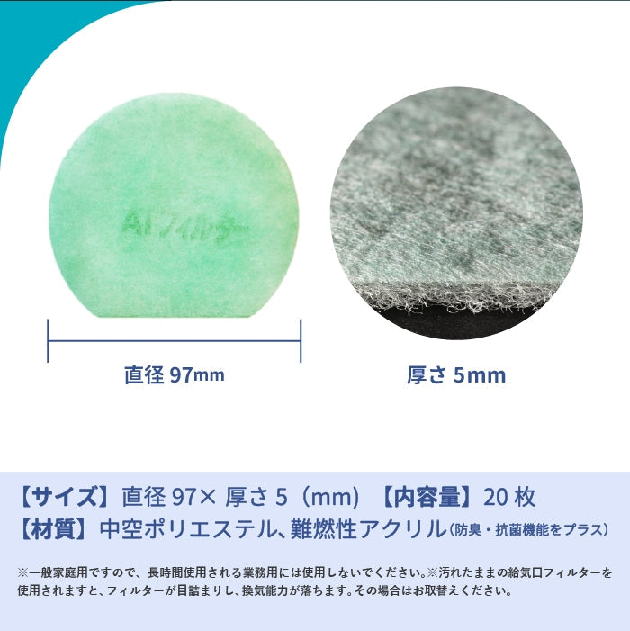 給気口グリル用【AT254】フィルター「QSS2」サイズ 20枚入り 大きさ:Φ108mm 厚さ:5mm 弓型