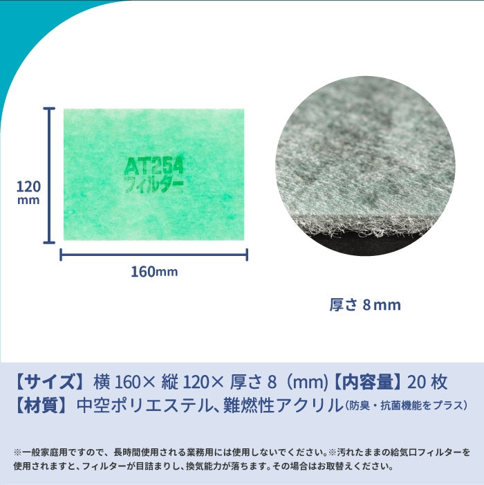 給気口グリル用【AT254】フィルター「QT12」サイズ 20枚入り 大きさ:ヨコ160mm x タテ120mm 厚さ:8mm