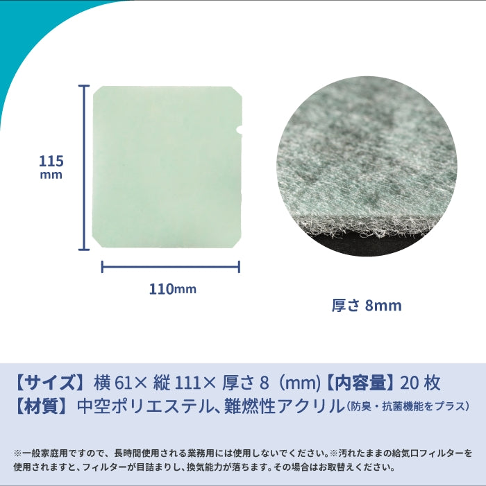 給気口グリル用【AT254】フィルター「QT14」サイズ 20枚入り 大きさ:ヨコ110mm x タテ115mm 厚さ:8mm