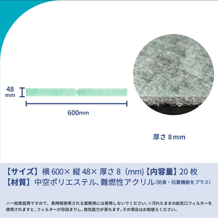 給気口グリル用【AT254】フィルター「QU4」サイズ 20枚入り 大きさ:ヨコ600mm x タテ48mm 厚さ:8mm