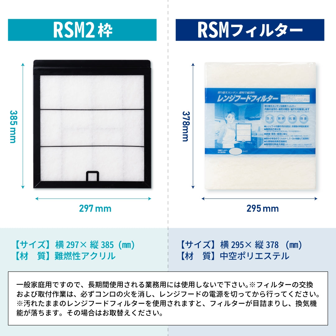 レンジフードフィルタースタートセット 交換用フィルター2枚付き 専用取付枠「RSM2」サイズ 大きさ:ヨコ297mm x タテ385mm