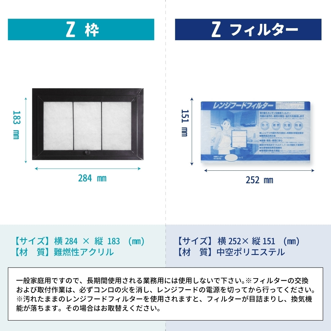 レンジフードフィルタースタートセット 交換用フィルター2枚付き 専用取付枠「Z」サイズ 大きさ:ヨコ284mm x タテ183mm