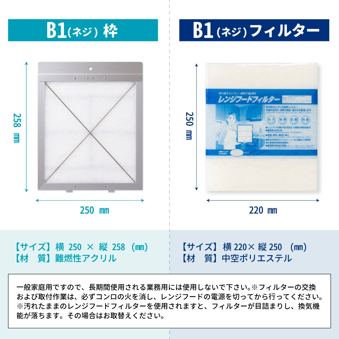 レンジフードフィルター専用取付枠「B1ネジ」サイズ　大きさ：ヨコ250mm x タテ258mm