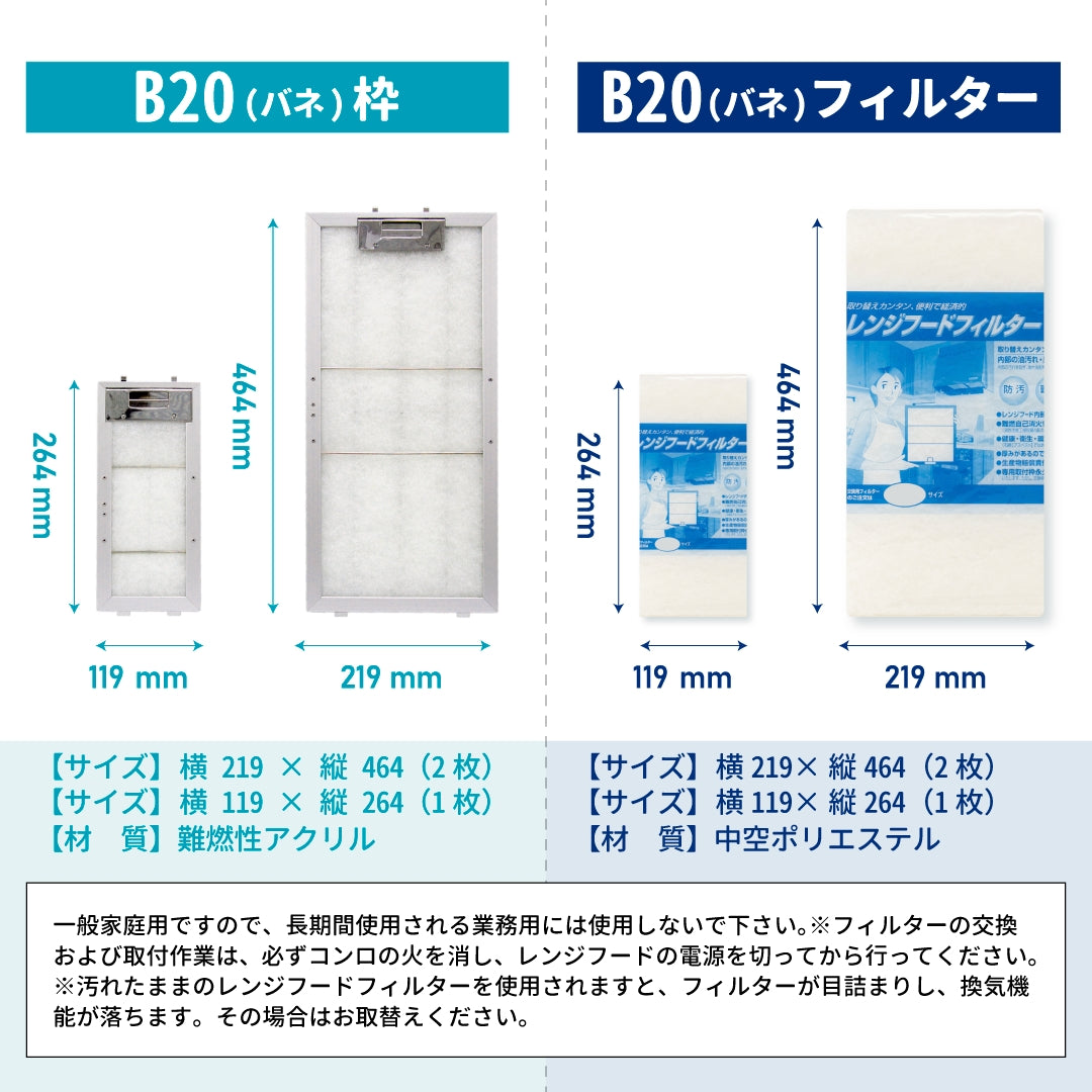 レンジフードフィルター専用取付枠「B20バネ」サイズ　3枚組　大きさ：ヨコ219mm x タテ464mm（2枚）ヨコ119mm　×タテ264mm（1枚）