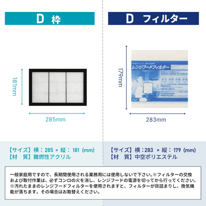 レンジフードフィルター スタートセット 交換用フィルター付き 専用取付枠「D」サイズ　大きさ：ヨコ285mm x タテ181mm