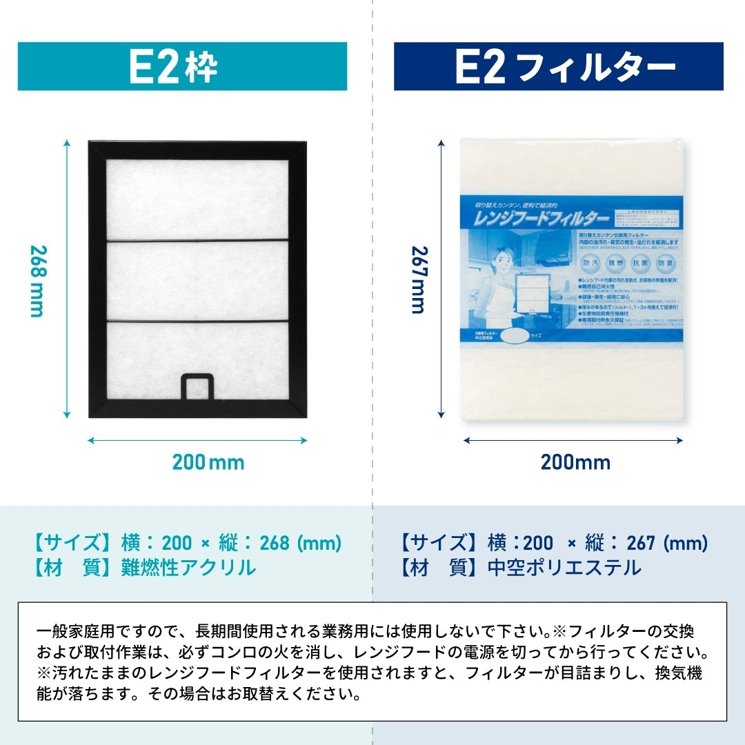 レンジフードフィルタースタートセット　交換用フィルター2枚付き　専用取付枠「E2」サイズ　大きさ：ヨコ200mm x タテ268mm