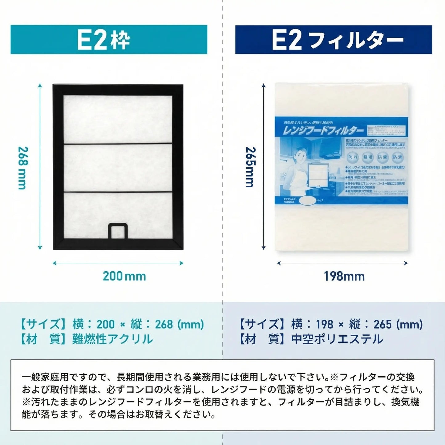 レンジフードフィルター スタートセット 交換用フィルター2枚付き 専用取付枠「E2」サイズ　大きさ：ヨコ200mm x タテ268mm
