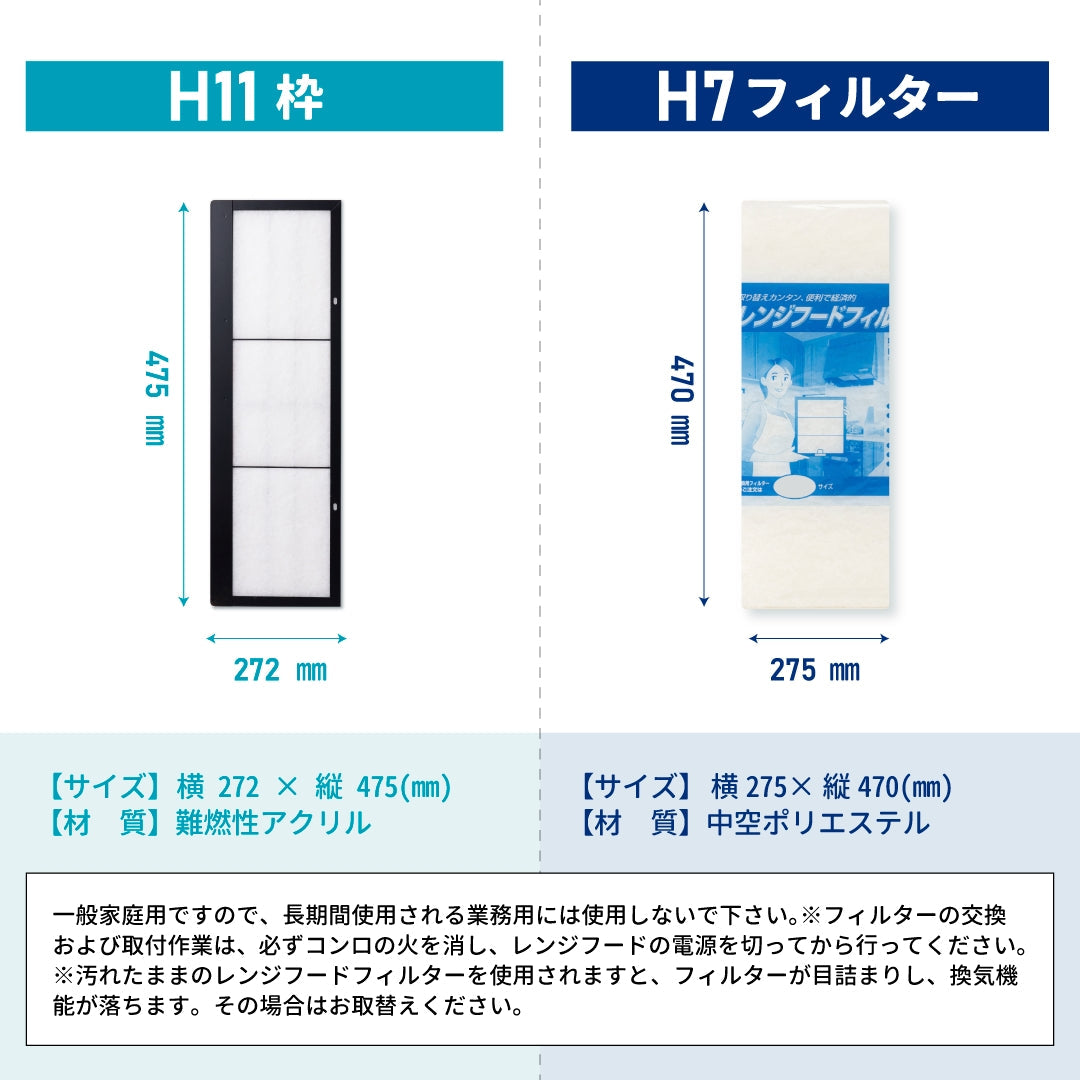 レンジフードフィルター専用取付枠「H11」サイズ　大きさ：ヨコ272mm x タテ475mm