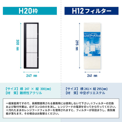 レンジフードフィルタースタートセット　交換用フィルター2枚付き　専用取付枠「H20」サイズ　大きさ：ヨコ247mm x タテ300mm