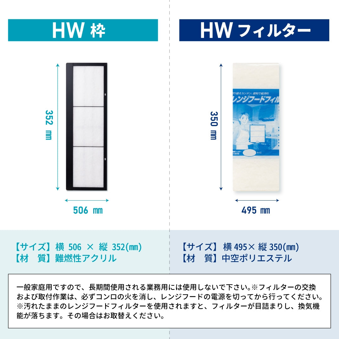 レンジフードフィルター専用取付枠「HW」サイズ　大きさ：ヨコ506mm x タテ352mm