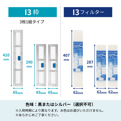 レンジフードフィルター スタートセット 交換用フィルター付き 専用取付枠「I3 (3枚1組)」サイズ　大きさ：ヨコ410mm x タテ65mm(1枚)＋ヨコ290mm x タテ35mm(2枚)