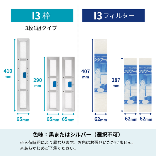 レンジフードフィルター スタートセット 交換用フィルター付き 専用取付枠「I3 (3枚1組)」サイズ　大きさ：ヨコ410mm x タテ65mm(1枚)＋ヨコ290mm x タテ35mm(2枚)