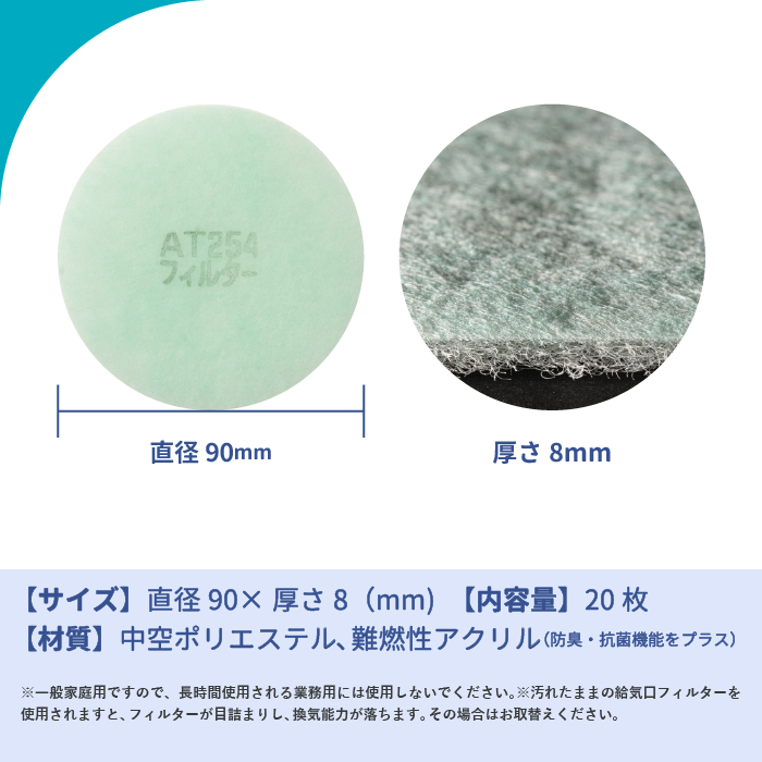 給気口グリル用【AT254】フィルター「QK8」サイズ　20枚入り　大きさ：Φ90mm　厚さ：8mm