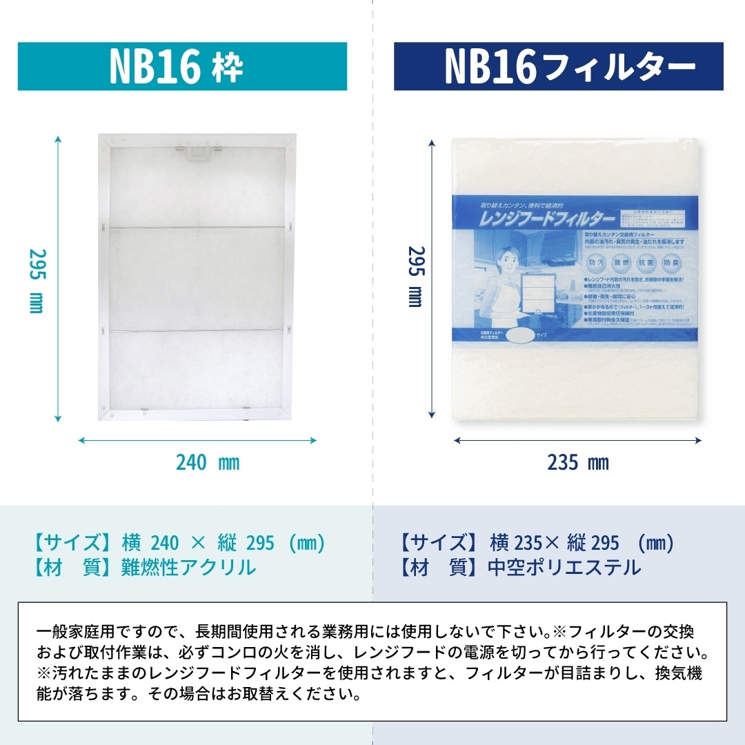 レンジフードフィルタースタートセット　交換用フィルター2枚付き　専用取付枠「NB16」サイズ　大きさ：ヨコ238mm x タテ297mm