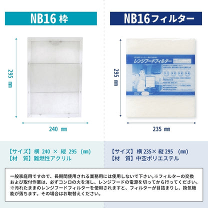 レンジフードフィルタースタートセット　交換用フィルター2枚付き　専用取付枠「NB16」サイズ　大きさ：ヨコ238mm x タテ297mm