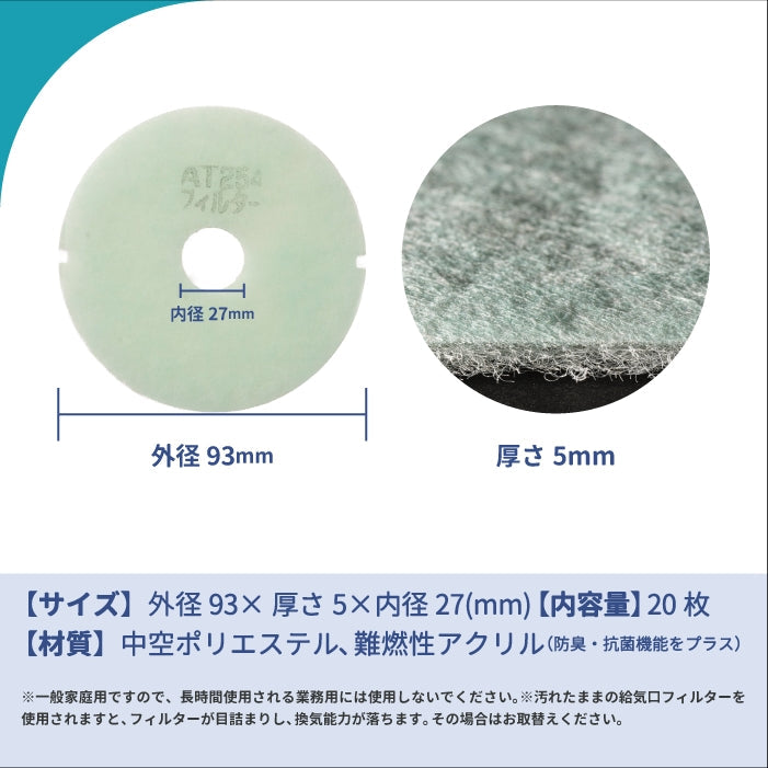 給気口グリル用【AT254】フィルター「QV3」サイズ　20枚入り　大きさ：Φ93mm/Φ26mm　厚さ：5mm　穴あき