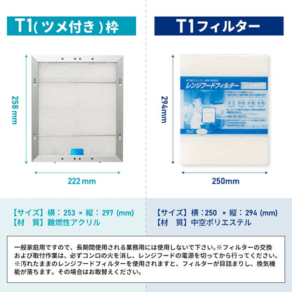 レンジフードフィルタースタートセット　交換用フィルター2枚付き　専用取付枠「T1 (ツメ付)」サイズ　大きさ：ヨコ253mm x タテ297mm