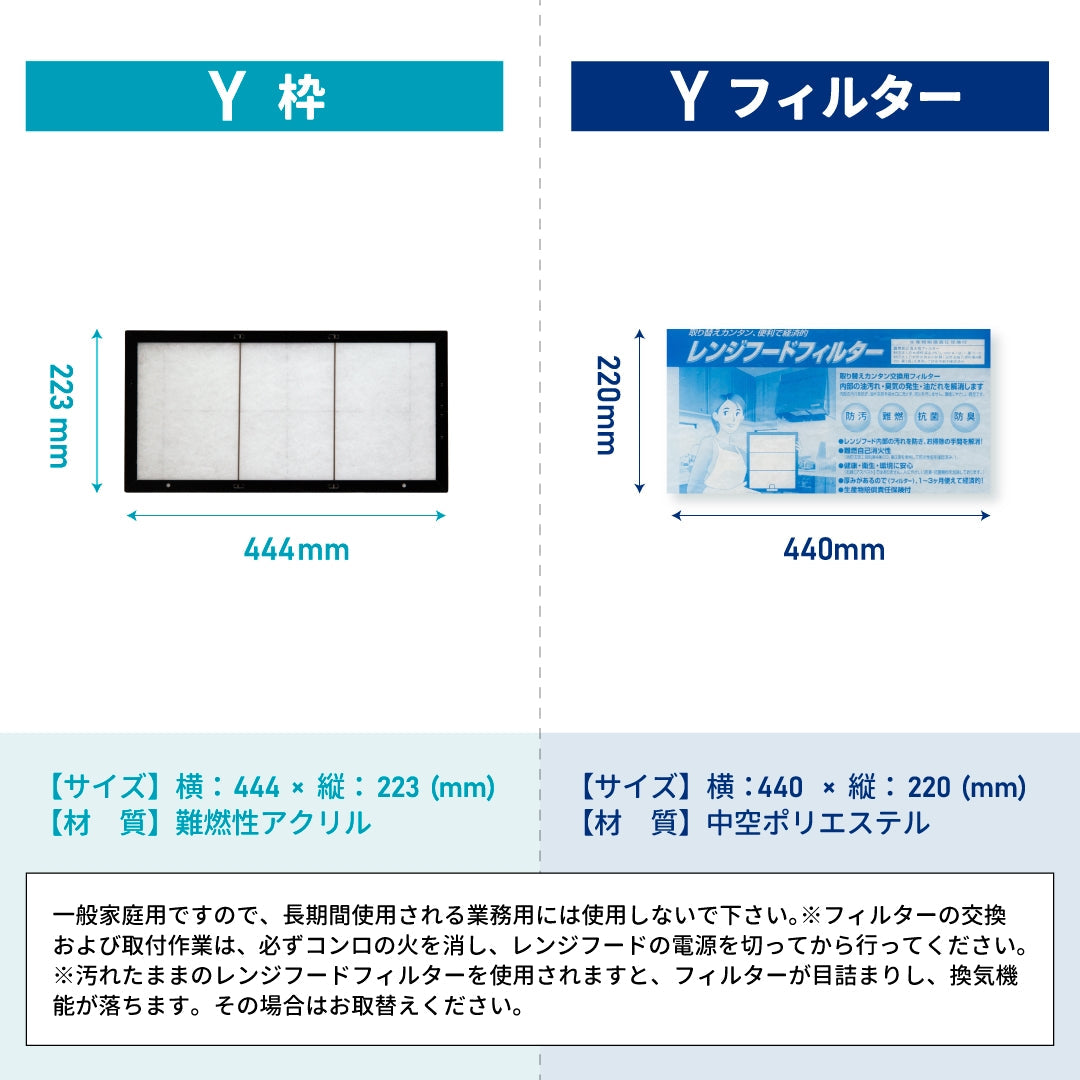 レンジフードフィルター専用取付枠「Y」サイズ　大きさ：ヨコ444mm x タテ223mm