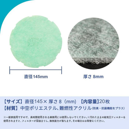 給気口グリル用【AT254】フィルター「QM2」サイズ　20枚入り　大きさ：Φ145mm　厚さ：8mm　外周凹凸あり